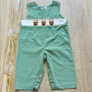 Green Kids Overalls with Reindeer Design